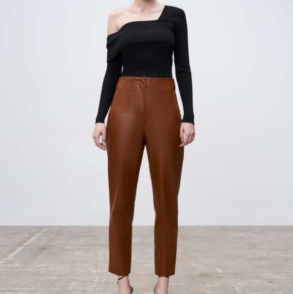 NTW Zara High Waist Cigarette Brown Leather Trouses Dress Pants - Picture 2 of 4
